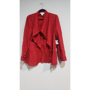 NWT RENA Rowan Drape Open Front Ruffle Blazer Jacket Solid Red Size M
